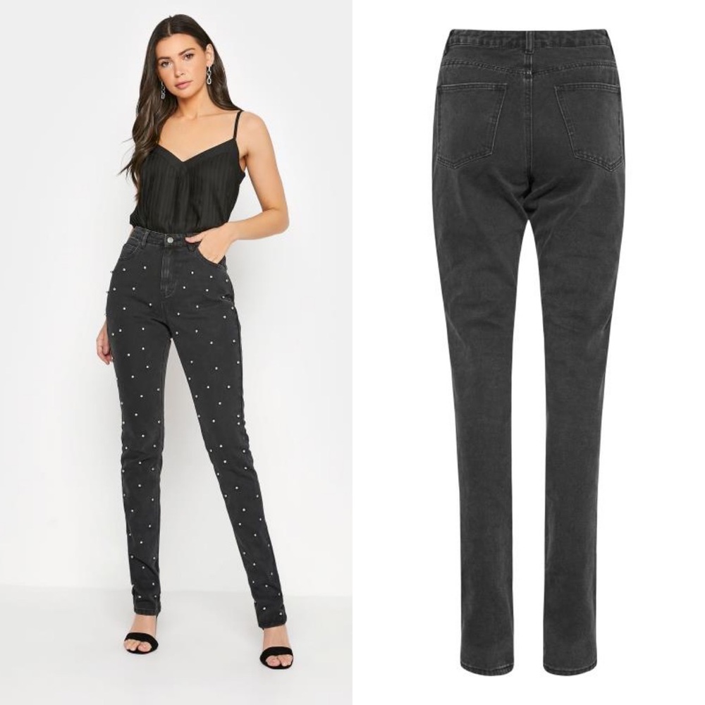 LTS Tall Black Studded IVY Straight Leg Jeans High Rise Glam Size 14